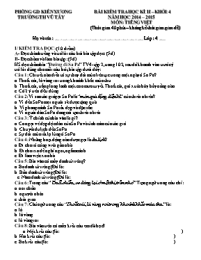 Đề kiểm tra học kỳ II môn Tiếng Việt Lớp 4 - Năm học 2014-2015 - Trường Tiểu học Xuân Sơn (Có đáp án)